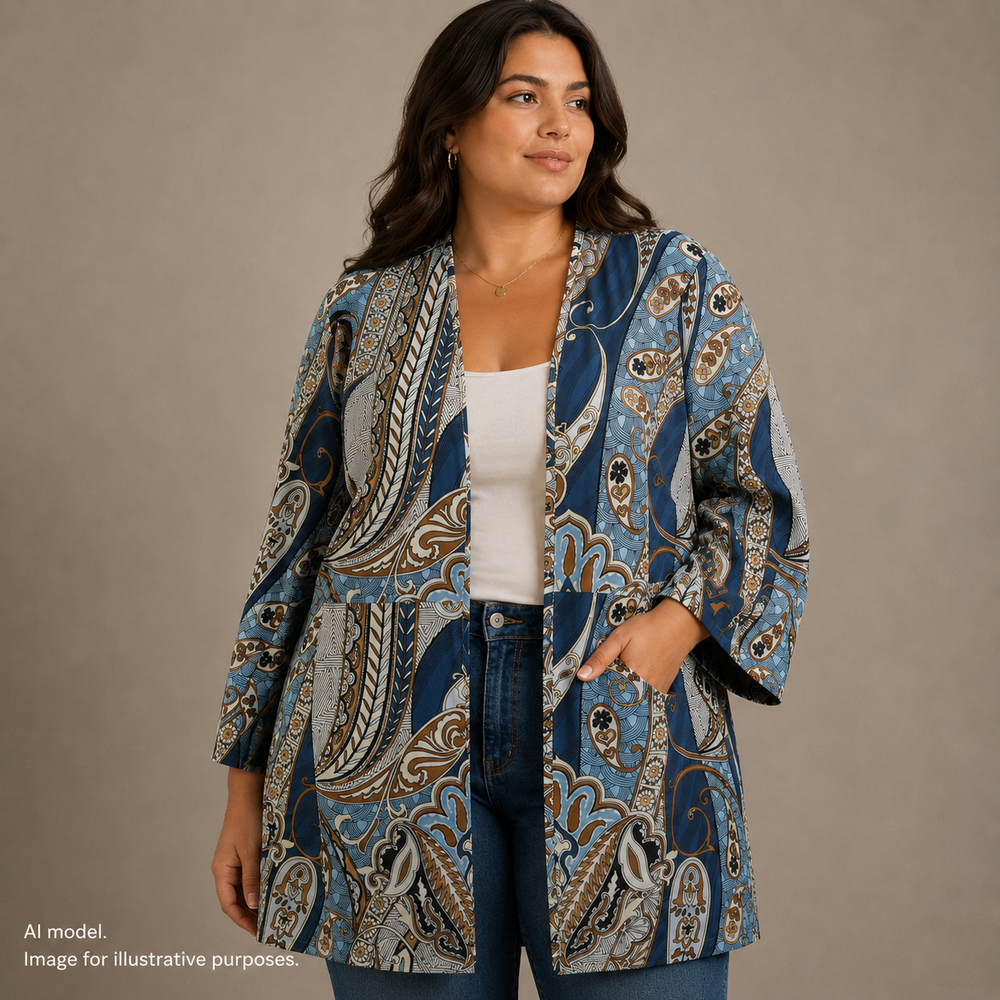 Chicos Jacket Womens 3 Blue Brown Printed Faux Suede Long Sleeve Open Front Boho